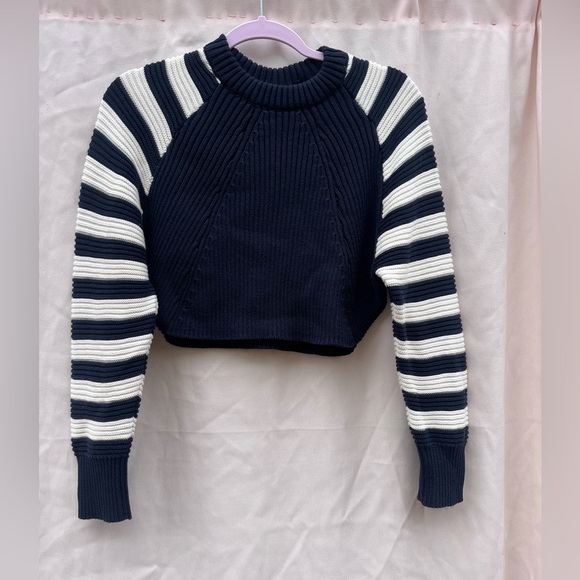 Topshop Navy and Cream Striped Crew Neck Sweater - Picture 1 of 8